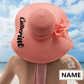 Custom Embroidery Name Pink Wide Brim Straw Hat For Women Outdoor Summer Beach Cap Bride Hat