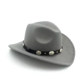 Felt Fedora Cowboy Hat with Oval Metal Ornaments on Faux Leather Band