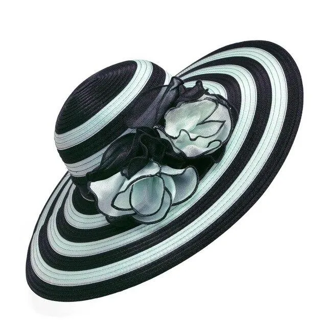 Floppy Wide Brim Striped Sun Hat with Organza Flower