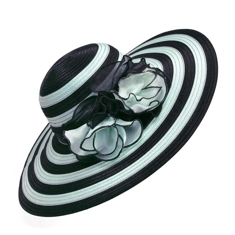 Floppy Wide Brim Striped Sun Hat with Organza Flower