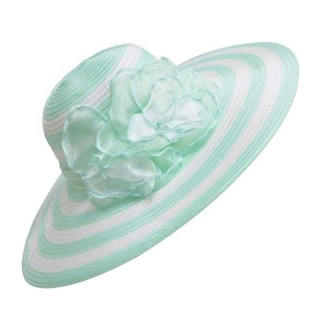 Floppy Wide Brim Striped Sun Hat with Organza Flower