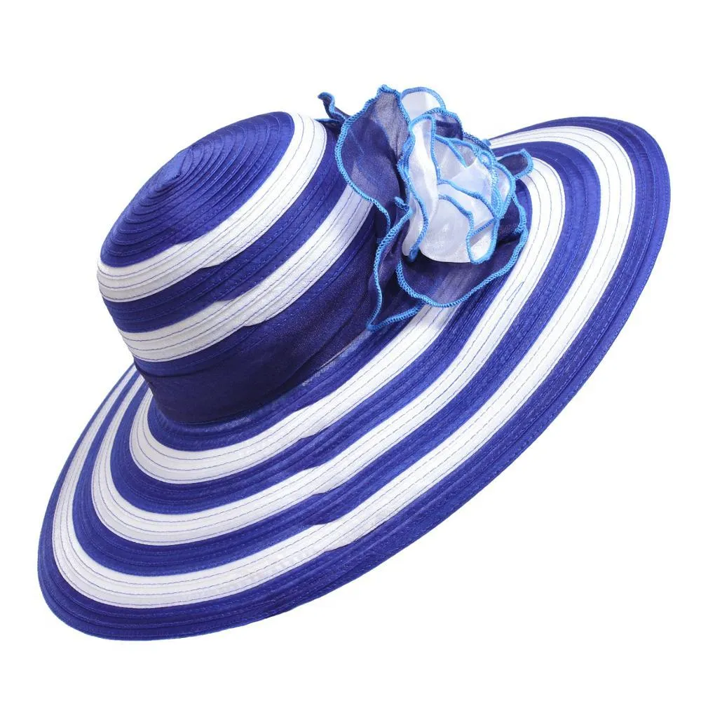 Floppy Wide Brim Striped Sun Hat with Organza Flower