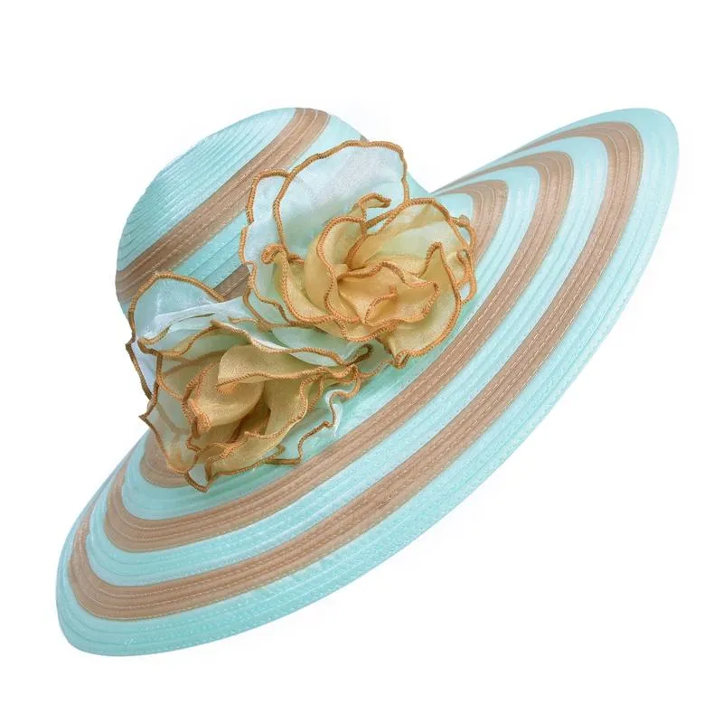 Floppy Wide Brim Striped Sun Hat with Organza Flower