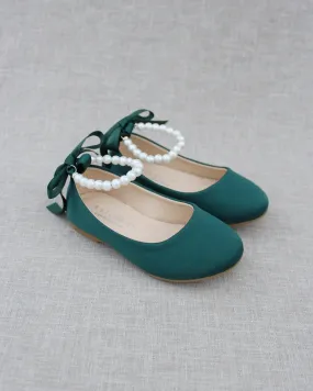 Hunter Green Satin Flats with Pearls Ankle Straps