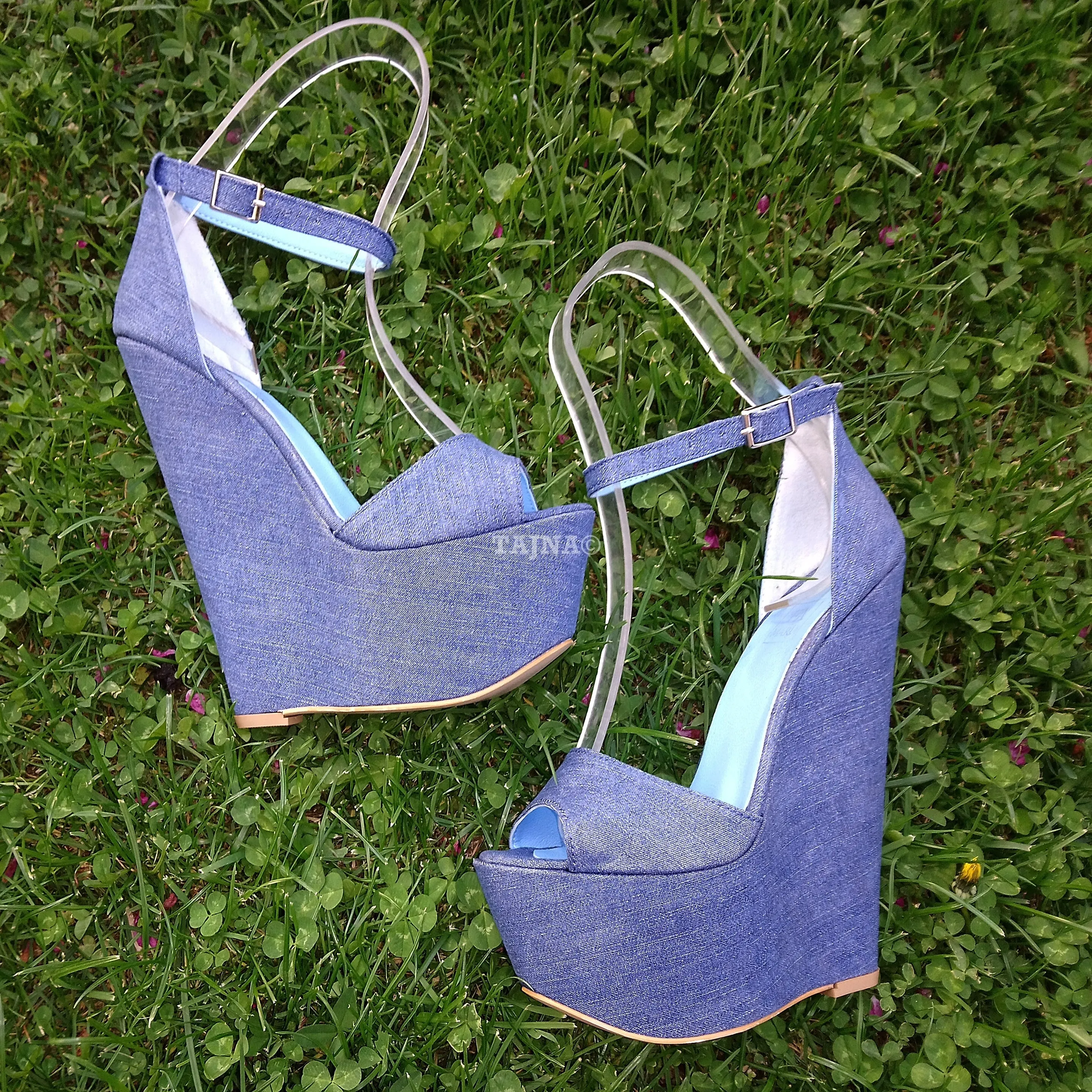 Jean Denim  High Heel Ankle Strap Wedge Shoes